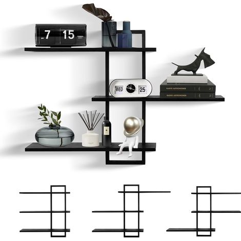 ÉTagèRe Murale Flottante à 3 Niveaux - Cadre en ChêNe - ÉTagèRe De Rangement CarréE Rustique pour Salon, Chambre à Coucher - Noir (1/5)