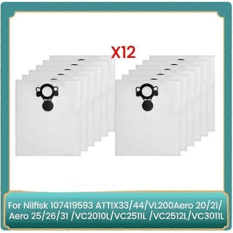 Lot de 12 sacs à poussière pour aspirateurs Nilfisk 107419593 ATTIX33/44, VL200Aero 20/21, Aero 25/26/31, VC2010L/VC2511 (1/5)