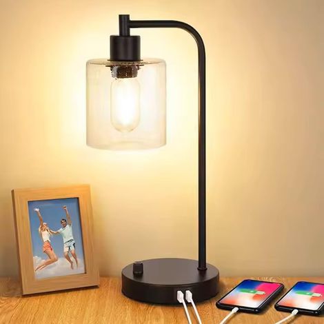 Lampe De Table LED Moderne, Veilleuse à Intensité Variable Avec Abat jour En Verre, Port De Charge USB/Type C, Culot E26/E27, 3 Modes D'éclairage, Pour Chambre à Coucher Chevet Bureau D'étude(1 piece)