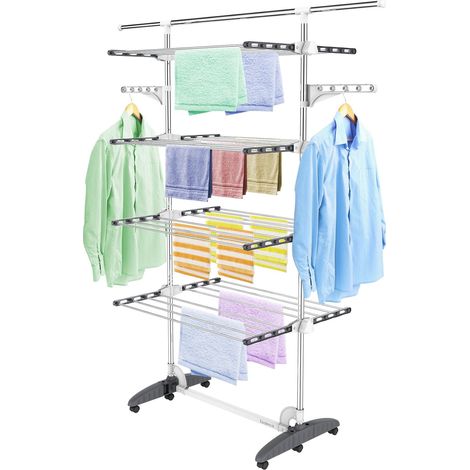 Todeco – Séchoir à linge pliant 4 niveaux – Acier inoxydable – Ailes réglables en hauteur – 2 ailes latérales pour cintres – Économie d'espace - 2tendoir (1/5)