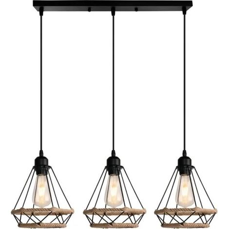 U-DO Suspension forme Diamant en Corde de Chanvre 3 Têtes Vintage Lustre Longue Pôle Lampe élégant pour Chambre Bar (1/4)