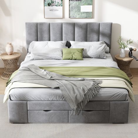 Redom – Lit double rembourré 140x200 cm – 4 tiroirs sur roulettes – Sommier à lattes en velours gris – Design moderne et fonctionnel (1/5)