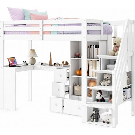 Letto a soppalco 90x200 cm con scrivania, cassetti, armadio aperto e scala contenitore, struttura in pino e MDF, bianco, per cameretta bambini  CHICFURN (1/5)