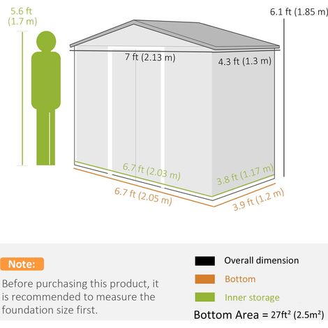Abri de jardin en métal vert clair 2,13 m x 1,22 m x 1,83 m avec kit de fondation et double porte. (1/5)