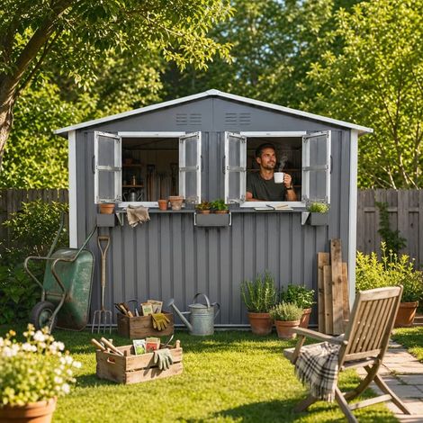 Abri de jardin 170,2x254,2 cm avec 2 fenêtres – cabane de jardin exterieur porte verrouillable et étagère, Garage extérieur en galvanisé anthracite, résistant à l'eau pour terrasse et jardin (1/5)