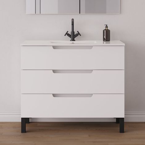 Meuble de salle de bain 100cm simple vasque - 3 tiroirs - sans miroir - blanc mat - RIZA (1/5)