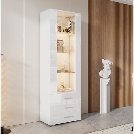 Vitrine (60x35x180 cm), mit LED Beleuchtung, Hochglanzfront, 3 Schubladen, MDF, Weiß (1/5)