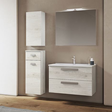 Mobile sospeso bagno 82 cm Quercia Bianco con lavabo e specchio LED - ANGELA1 (1/4)