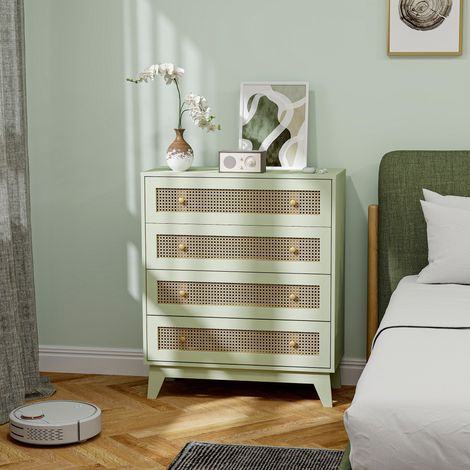 Cómoda de 4 cajones, mueble de almacenamiento con estructura de ratán y acabado imitación madera clara, 80 x 35 x 95 cm, verde.