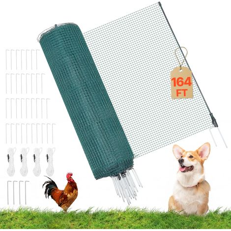 VEVOR Valla de Pollos y Perros, 0,9 m x 50 m, Malla de Seguridad para Jardines y Huertos, con Postes y Estacas de Doble Punta, Red Plástica de Protección para Aves de Corral Cría de Animales, Verde (1/5)
