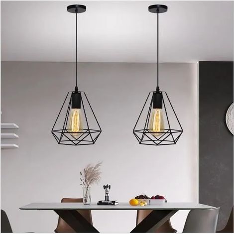 2Pcs Lustre Suspension Luminaire Industrielle en Cage Diamant Lampe Plafonnier en Métal Noir pour Salon Chambre (1/4)