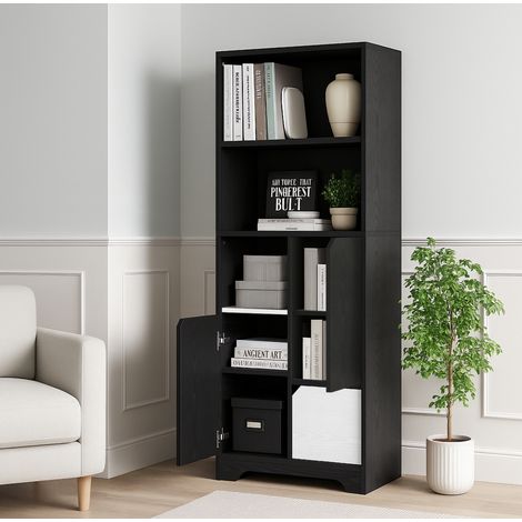 Bücherregal mit Stauraum aus Spanplatte Schwarz 60x35x160 cm mit 2 offenen Fächern und Unterschrank mit Tür (1/5)
