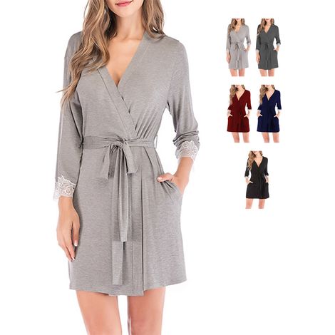 Peignoir court pour femme, cardigan à col en V, manches trois-quarts, poignets en dentelle, pyjama fin en modal, gris, taille M (1/5)