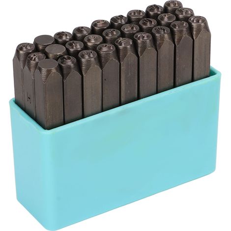 Ensemble de 27 poinçons en métal avec boîte de rangement. Poinçons robustes en acier à haute teneur en carbone pour la création de bijoux, d'articles en bois et en cuir.