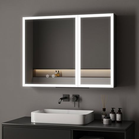 WDWRITTI Schwarz Spiegelschrank Bad mit Beleuchtung 80x60cm Spiegelschrank mit Beleuchtung Badezimmerschrank mit Spiegel bad Hängeschränke Medizin Kabinett mit 3 Einstellbare Lichtfarben + Beschlagfre (1/5)