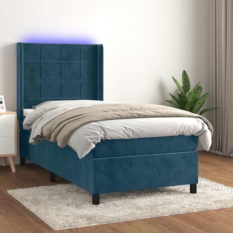 Cama box spring colchón y LED terciopelo azul oscuro 90x190 cm (1/5)
