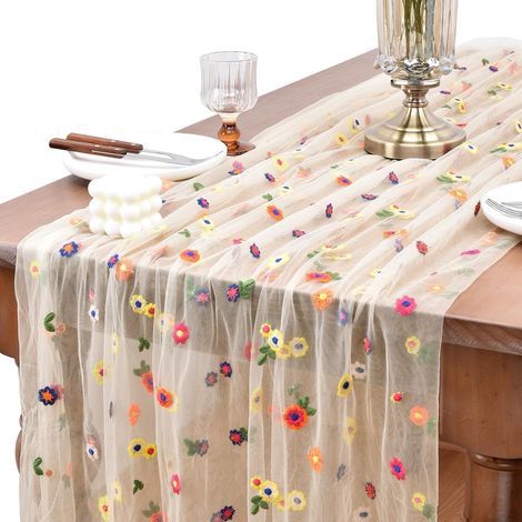 Tischläufer mit Gänseblümchenstickerei, 72 x 300 cm, floraler Tüll-Tischläufer, exquisiter frühlingshafter Tischläufer mit Gänseblümchenmuster für Partys (Champagner) (1/5)