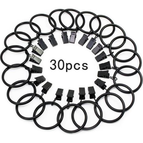 30 Pièces Anneaux de Rideaux, avec Métal Pince, Robuste, Antirouille, pour Tringle à Rideaux, 32mm Diamètre Intérieur (Noir) (1/5)
