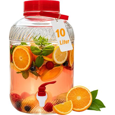 Relaxdays Getränkespender, 10 Liter, Glas, Kaltgetränke, Zapfhahn, Deckel, Tragegriff, Wasserspender, transparent/rot