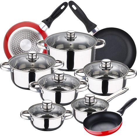 Bateria de cocina 12 piezas SAN IGNACIO Cassel en acero inoxidable con juego de sartenes (16/20/24 cm) SAN IGNACIO Navy Red en aluminio prensado (1/5)