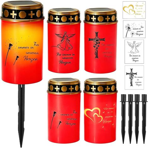 Lampe Funéraire Solaire: 4 Pièces Bougie Funéraire, Résistant Aux Intempéries Bougie Solaire Cimetiere Avec Piquet De Terre Et 4 Autocollants Pour L'extérieur, 7 X 12 Cm (Rouge) (1/5)