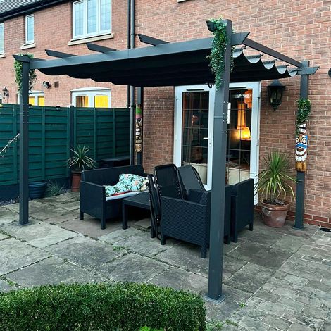 Pergola Aluminium 3,65 x 3 m UPF 50+ Toit Coulissant Patio Gris Instructions détaillées, Pergola Jardin Extérieur, Entretien facile, Tissu teint en fil 180 g/m², Terrasse (1/5)