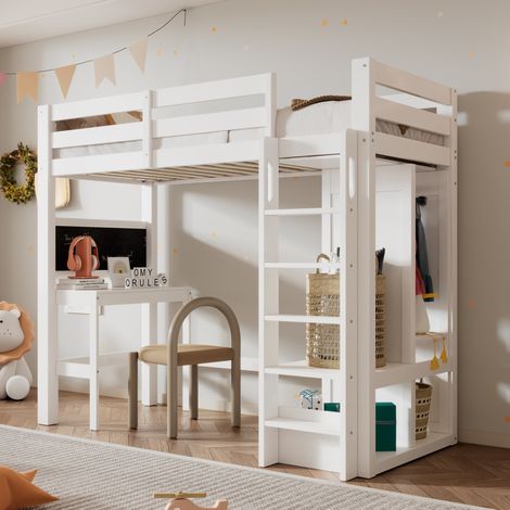Lit mezzanine enfant 206/110/185 cm blanc en bois avec bureau, armoire ouverte et tableau réversible (1/5)