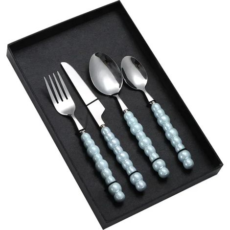 (Bleu) Vaisselle de luxe, poignée en céramique nacrée, acier inoxydable, style occidental