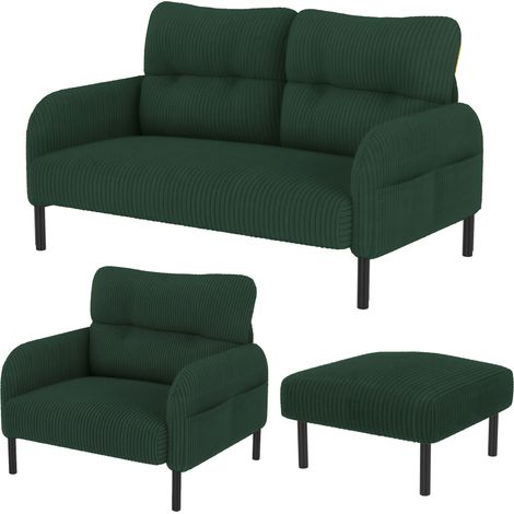 Ensemble 3 pièces en velours côtelé: fauteuil, pouf et canapé 2 places avec poche latérale, structure en tubes d'acier et dossier extra moelleux, assise profonde pour un confort maximal, modulable pou (1/5)