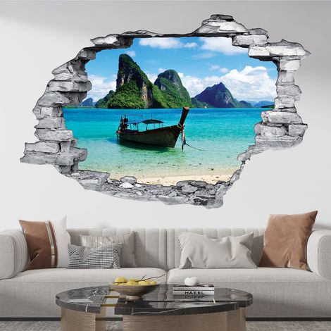 Stickers Trompe l'oeil trou dans le mur - Bateau Thaïlande - 30 x 45 cm - Pierres grises (1/5)