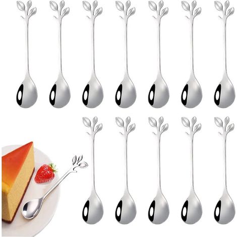 12 pièces de cuillère à café en feuille d'acier inoxydable,mini cuillère à café cuillère à dessert design branche,utilisé pour l'eau thé lait café dessert boisson ustensiles milkshake mélangé(argent)- (1/5)