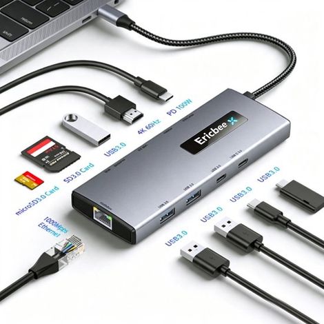 Hub USB-C 10-en-1 – HDMI 4K 60Hz – RJ45 Gigabit – 100W PD – SD/TF – MacBook et PC (1/5)