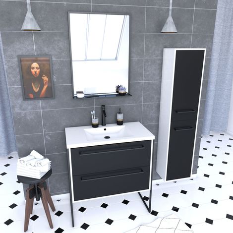 Set mobile da bagno 80x50 cm NERO - lavabo in resina bianco + specchio nero opaco + colonna