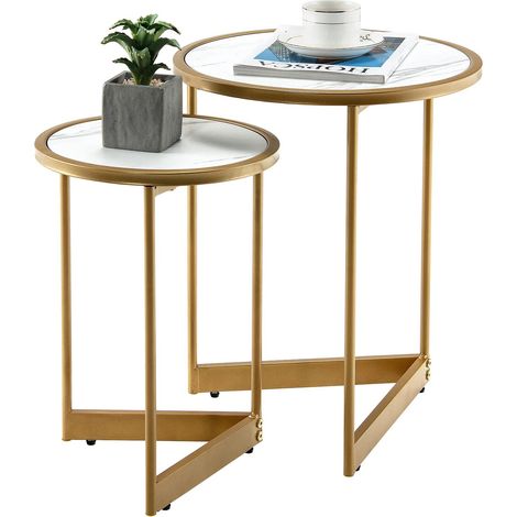 COSTWAY Tavolino da Salotto Rotondo in Legno, 2 Tavolini Moderni e Impilabili con Piano in Marmo e Struttura in Acciaio, Tavolo Basso e Salvaspazio per Soggiorno, Bianco (1/5)