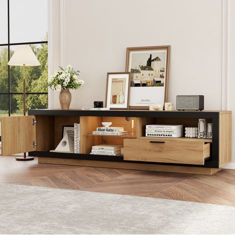 Mueble TV LED 160 x 40 x 50 cm, con almacenaje, estantes de vidrio templado, negro y roble HAVRYA (1/5)