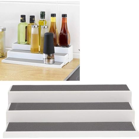 Rangement Plan de Travail Cuisine, étagère télescopique sur 3 niveaux pour agrandissement du plan de travail, surface antidérapante, Plastique, 37x8,5x8,5-23 cm, Blanc - Gris (1/4)