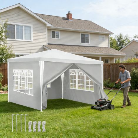 Randaco Tente de réception 3x3m avec armature en fer, tonnelle imperméable pour fêtes, marchés et repas de jardin Blanc (1/5)
