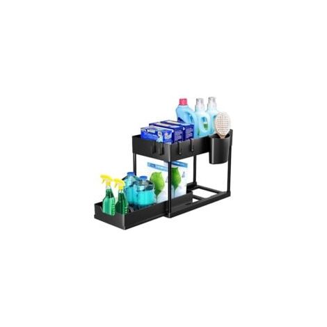Étagère de rangement double couche sous évier avec tiroirs coulissants, organiseur multifonction pour cuisine et salle de bain – Noir (1/5)