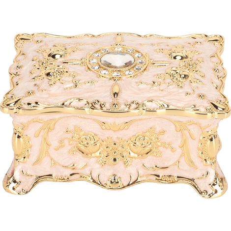 Coffret à Bijoux Vintage Rectangulaire Rétro Métal Émaillé Ancien Fines Dorures Strass Boîte de Rangement Blanche (1/5)