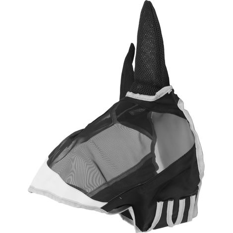 Masque Anti-Mouches Respirant pour Cheval, Protection Oreilles et Museau avec Filet Léger, Couleur Noir-Gris