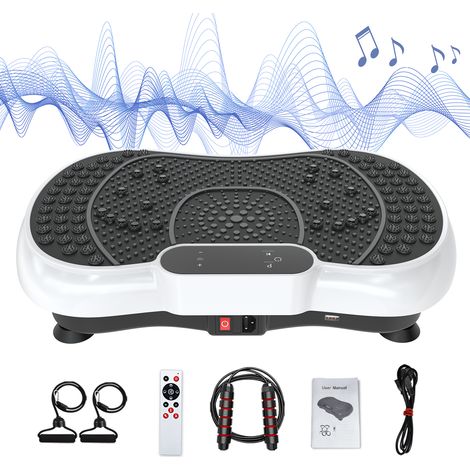 Vibrationsplattform, 99 Intensitätsstufen, 5 voreingestellte Programme, inklusive Widerstandsband und Springseil, Fernbedienung, integriertes Bluetooth, Weiß