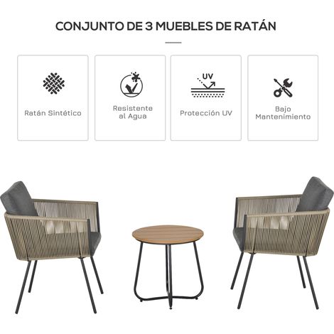 Conjunto de Muebles de Jardín Juego de 3 Piezas Muebles de Ratán 1 Mesa Redonda y 2 Sillas Butaca con Cojines Acolchados para Balcón Terraza Acero Caqui y Gris (1/5)
