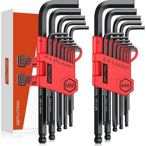26PCS Clés Allen Métriques Inch SAE à Extrémité Sphérique 6150 Cr-V avec Marquage de Taille et Support de Rangement pour Réparation de Vélo Assemblage de Meubles (1/5)