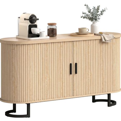 Buffet salon, meuble de rangement ovale avec 2 portes coulissantes et étagères réglables, 140x40x75cm, bois naturel (1/4)