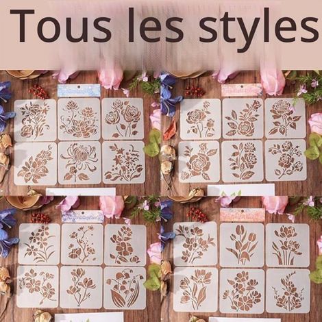 Pochoir Fleur - 24 Pièces Réutilisables - 13 x 13 cm - 4 Modèles (Rose, Tulipe, Muguet, Lotus) - PET Blanc - Pour Décoration Artisanale (1/5)