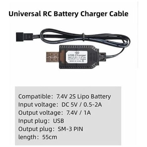 Chargeur USB, câble RC universel avec connecteur SM-3P pour batterie LiPo 2S 7,4 V, compatible avec les voitures, bateaux, drones, avions et jouets radiocommandés. (1/3)