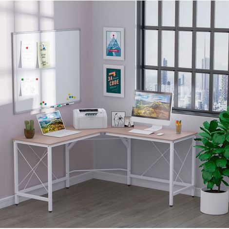 Bureau d'angle L 150x150x76 cm en MDF naturel, gain de place pour home office FloraGrace (1/5)