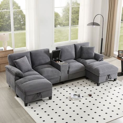 Canapé d'angle 4 places, forme U tissu côtelé Canapé salon, rangement intégré, 2 ports USB, coussins inclus, porte-gobelets (1/5)