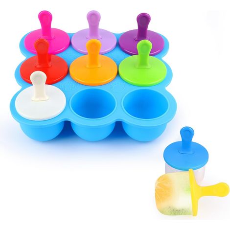 Moules à glaçons en silicone, 9 découpes, moules à glaçons avec tige, forme sans BPA de qualité alimentaire, moules à glaçons réutilisables (bleu)