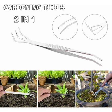 Pinzette da giardino in acciaio inossidabile, strumento 2 in 1 per rastrellare le radici dei bonsai. (1/5)